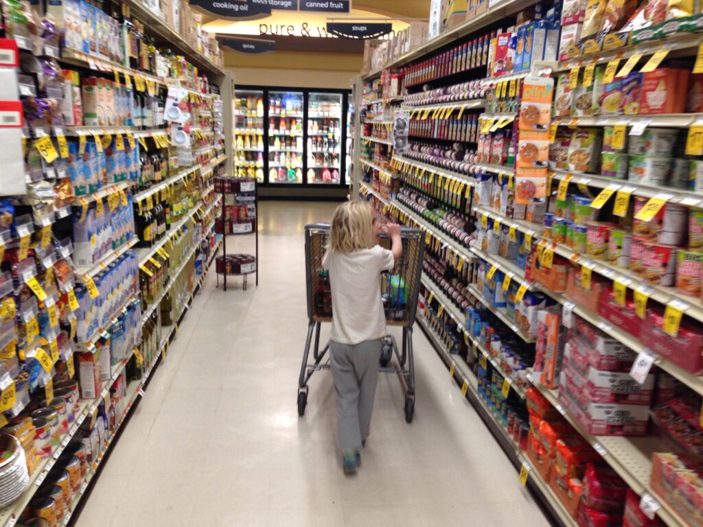 Kid pushing a shopping cart